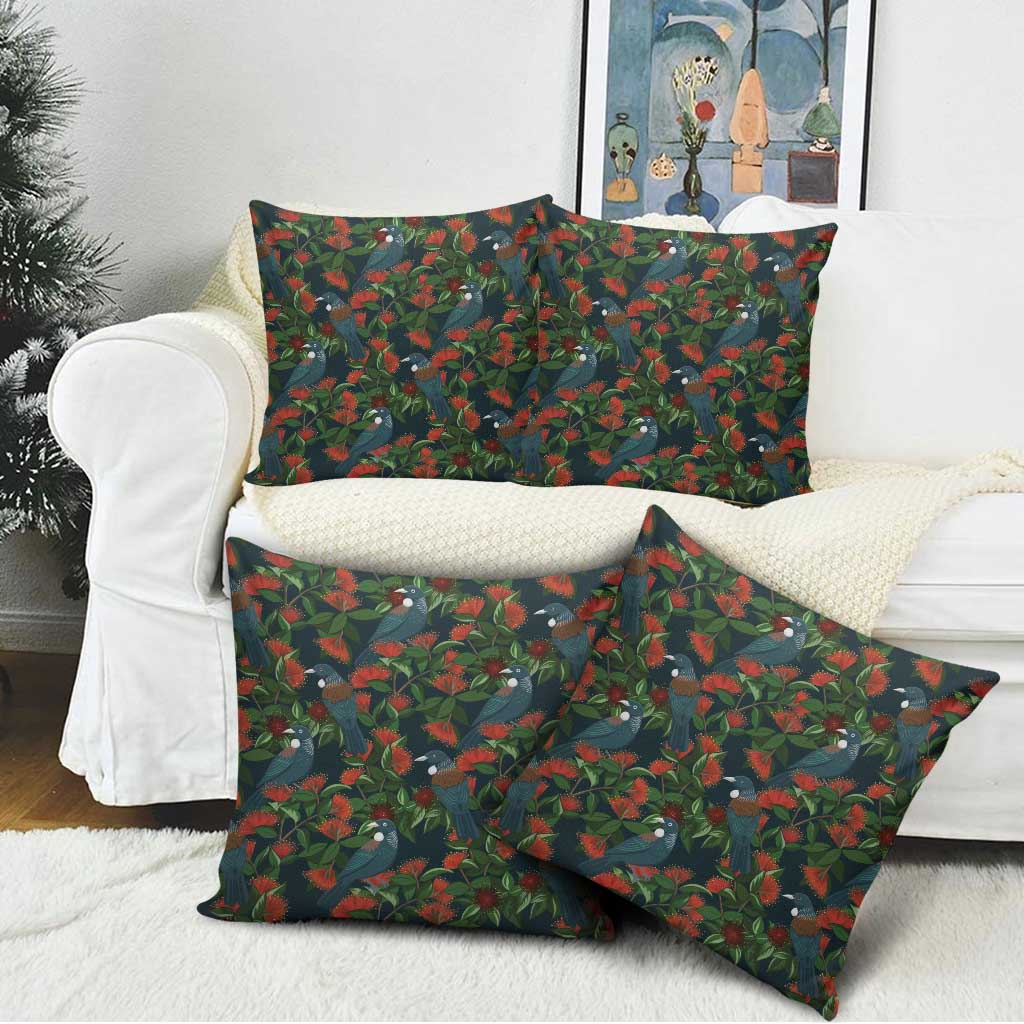 New Zealand Christmas Pillow Cover Romantic Tui Birds on Pohutukawa - Cobalt LT7 - Polynesian Pride