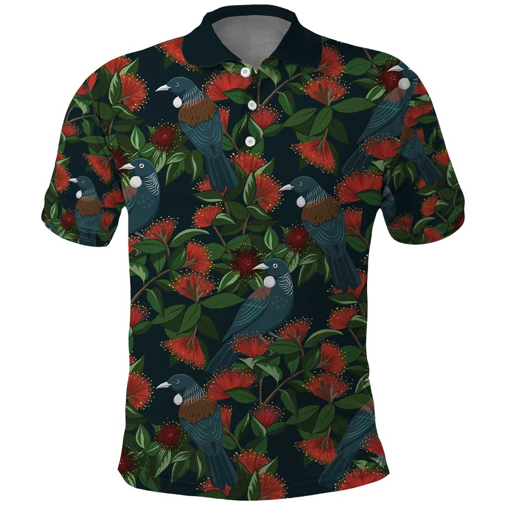 New Zealand Christmas Polo Shirt Romantic Tui Birds on Pohutukawa - Cobalt LT7 Cobalt - Polynesian Pride