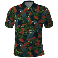 New Zealand Christmas Polo Shirt Romantic Tui Birds on Pohutukawa - Cobalt LT7 Cobalt - Polynesian Pride