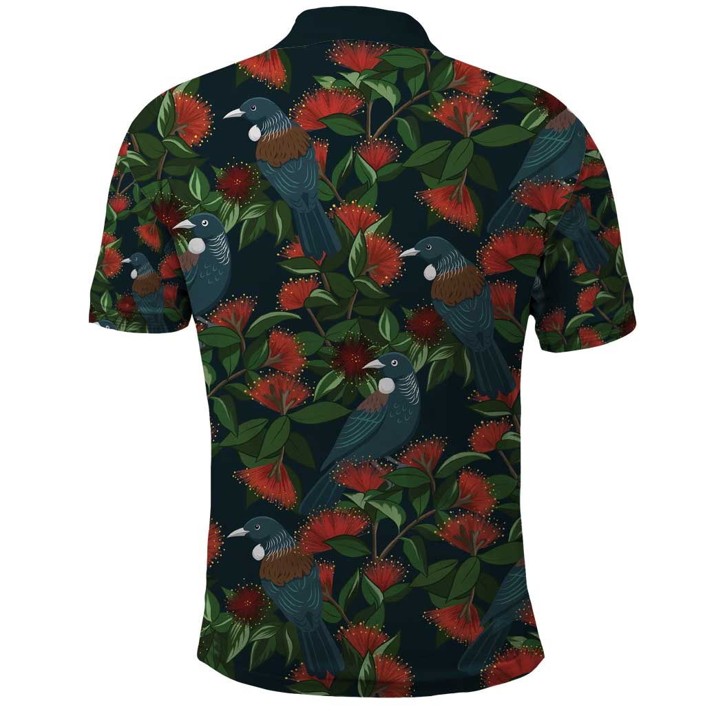 New Zealand Christmas Polo Shirt Romantic Tui Birds on Pohutukawa - Cobalt LT7 - Polynesian Pride