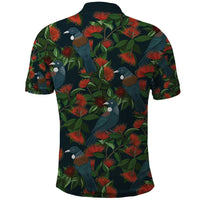 New Zealand Christmas Polo Shirt Romantic Tui Birds on Pohutukawa - Cobalt LT7 - Polynesian Pride