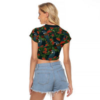 New Zealand Christmas Raglan Cropped T Shirt Romantic Tui Birds on Pohutukawa - Cobalt LT7 - Polynesian Pride