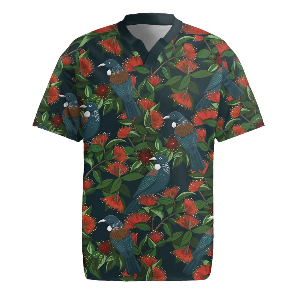 New Zealand Christmas Rugby Jersey Romantic Tui Birds on Pohutukawa - Cobalt LT7 Cobalt - Polynesian Pride