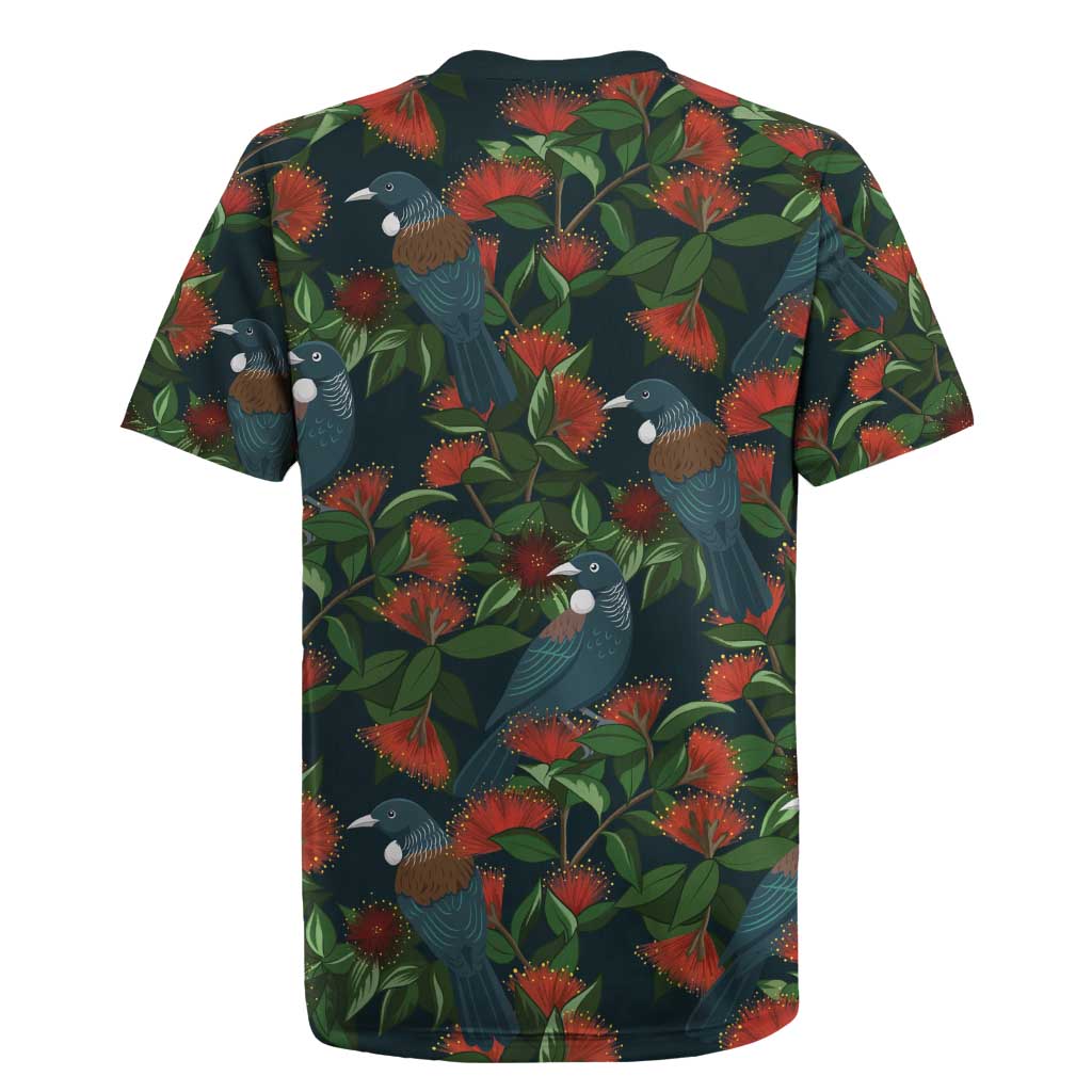 New Zealand Christmas Rugby Jersey Romantic Tui Birds on Pohutukawa - Cobalt LT7 - Polynesian Pride