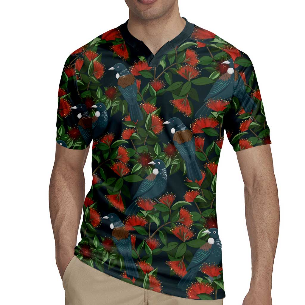 New Zealand Christmas Rugby Jersey Romantic Tui Birds on Pohutukawa - Cobalt LT7 - Polynesian Pride