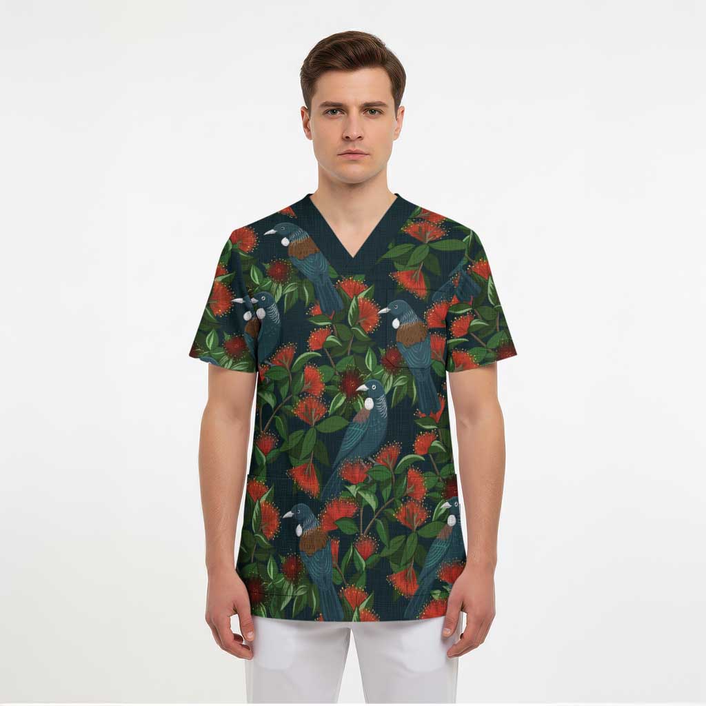 New Zealand Christmas Scrub Top Romantic Tui Birds on Pohutukawa - Cobalt - Polynesian Pride