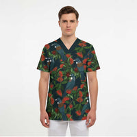 New Zealand Christmas Scrub Top Romantic Tui Birds on Pohutukawa - Cobalt - Polynesian Pride