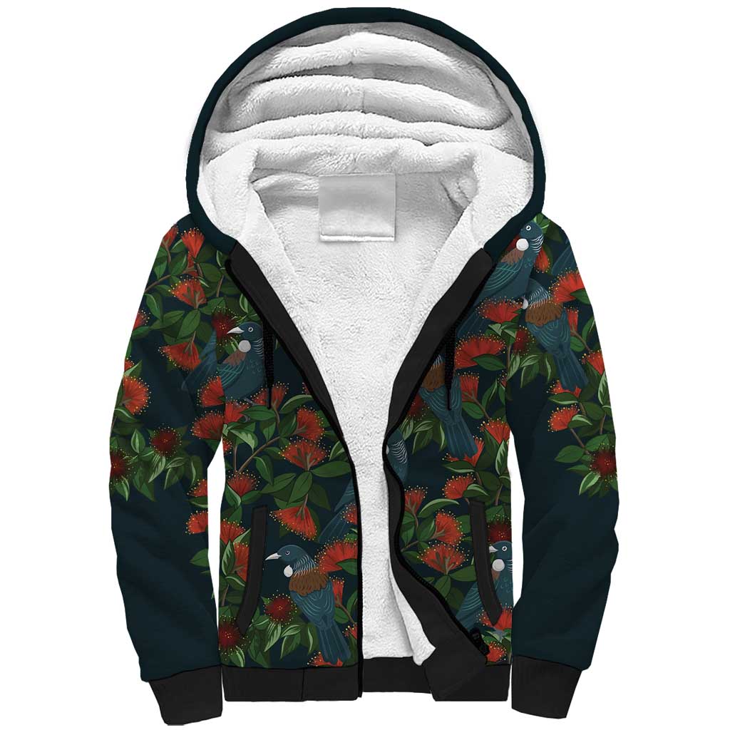 New Zealand Christmas Sherpa Hoodie Romantic Tui Birds on Pohutukawa - Cobalt LT7 Unisex Cobalt - Polynesian Pride
