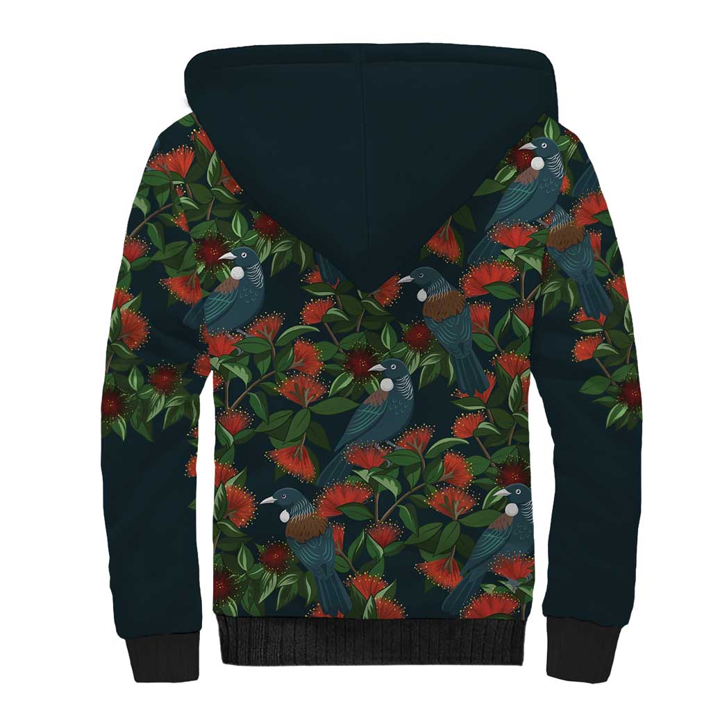 New Zealand Christmas Sherpa Hoodie Romantic Tui Birds on Pohutukawa - Cobalt LT7 - Polynesian Pride