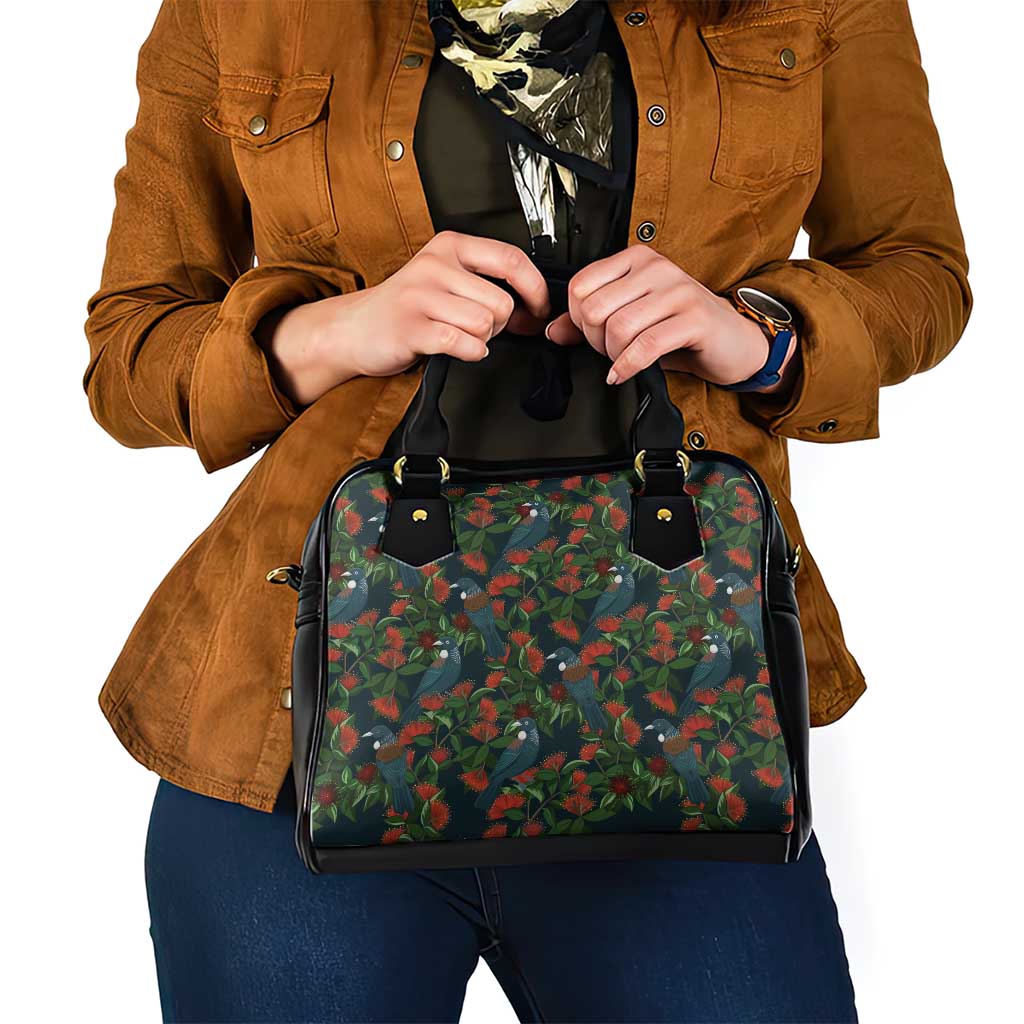 New Zealand Christmas Shoulder Handbag Romantic Tui Birds on Pohutukawa - Cobalt - Polynesian Pride