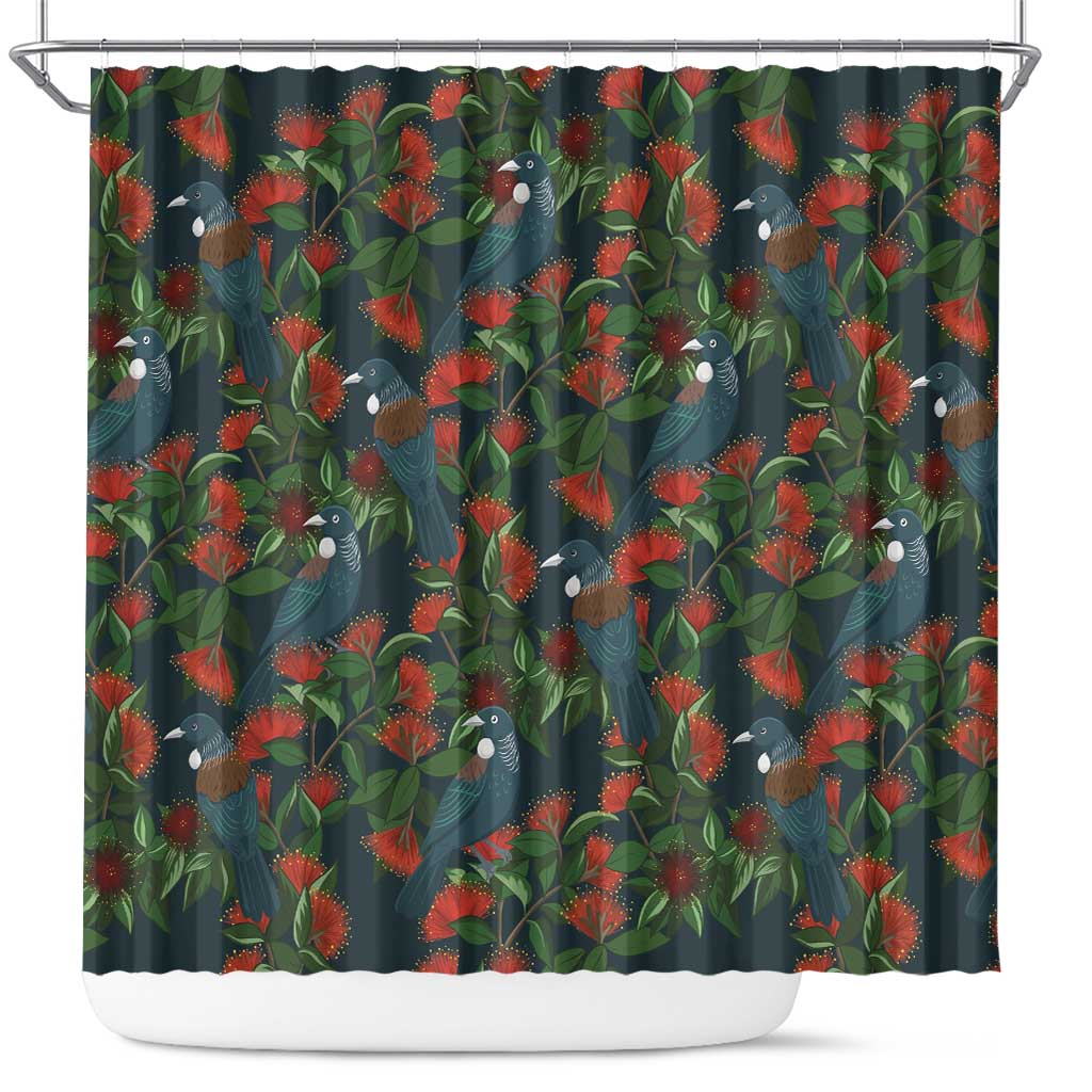 New Zealand Christmas Shower Curtain Romantic Tui Birds on Pohutukawa - Cobalt LT7 Cobalt - Polynesian Pride