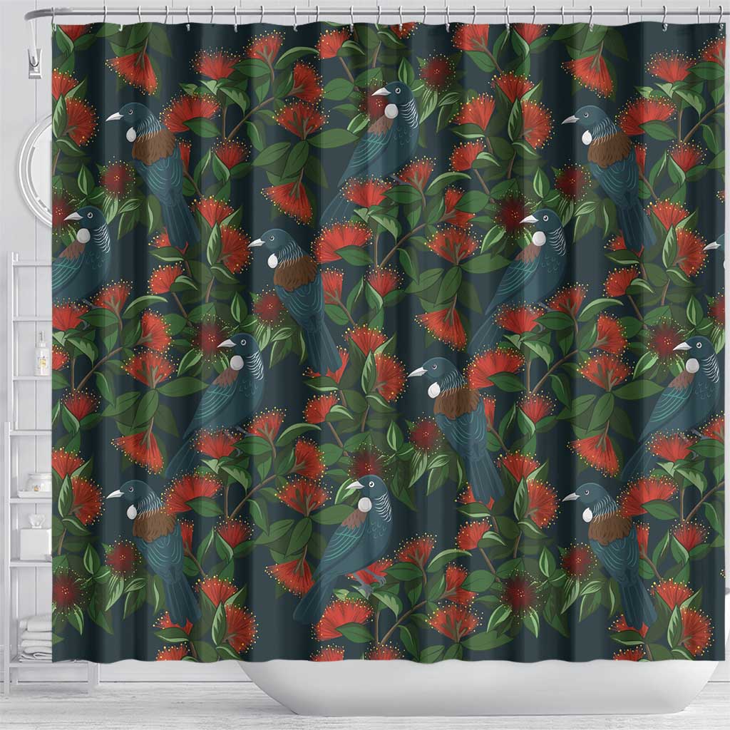 New Zealand Christmas Shower Curtain Romantic Tui Birds on Pohutukawa - Cobalt LT7 - Polynesian Pride