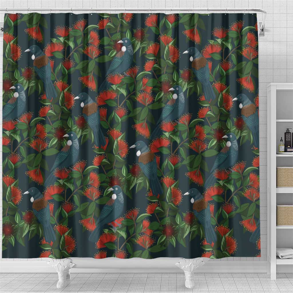 New Zealand Christmas Shower Curtain Romantic Tui Birds on Pohutukawa - Cobalt LT7 - Polynesian Pride
