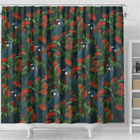 New Zealand Christmas Shower Curtain Romantic Tui Birds on Pohutukawa - Cobalt LT7 - Polynesian Pride