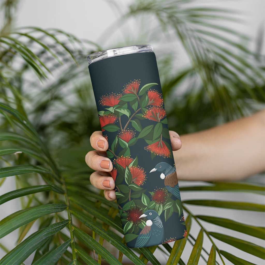 New Zealand Christmas Skinny Tumbler Romantic Tui Birds on Pohutukawa - Cobalt LT7 - Polynesian Pride
