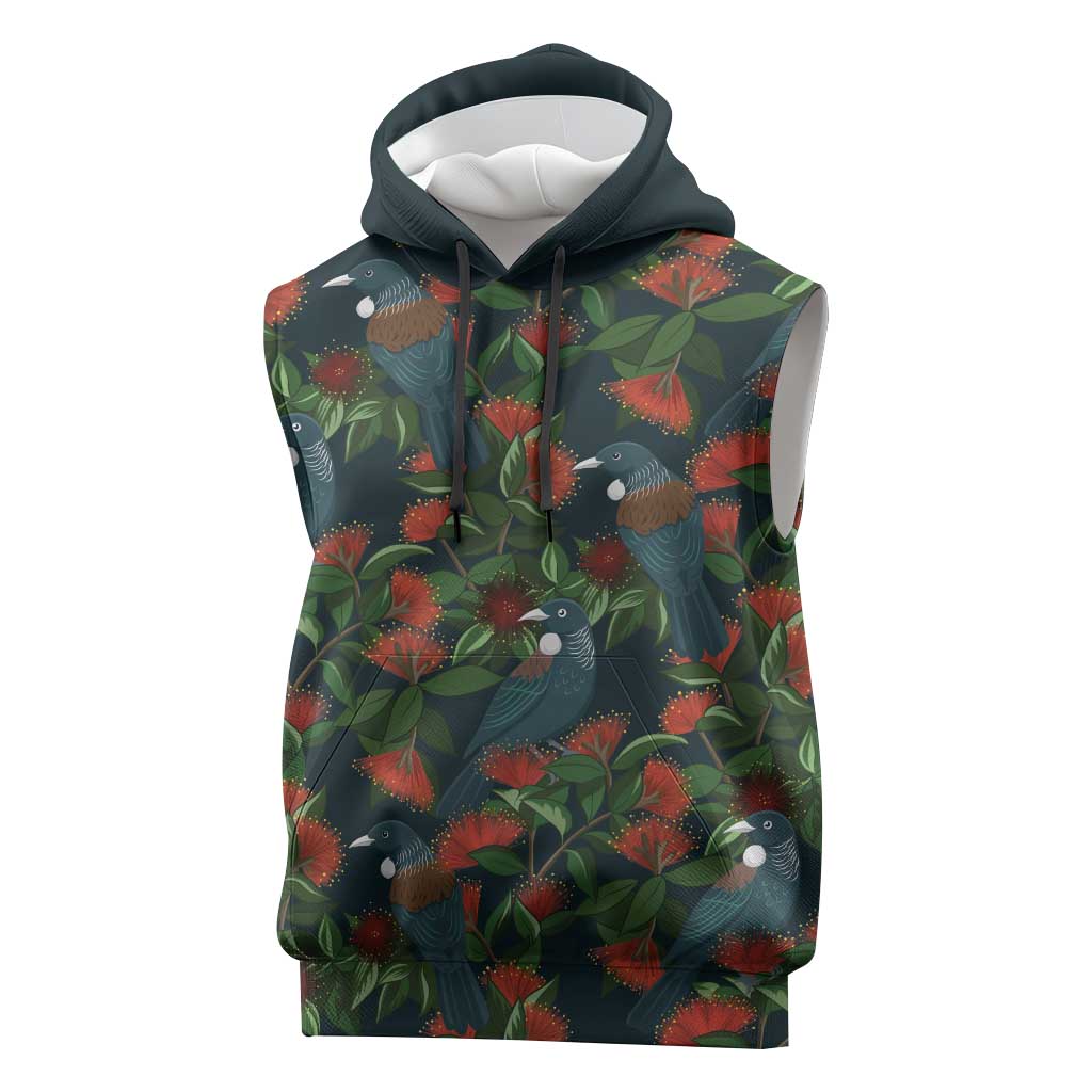 New Zealand Christmas Sleeveless Hoodie Romantic Tui Birds on Pohutukawa - Cobalt LT7 Cobalt - Polynesian Pride