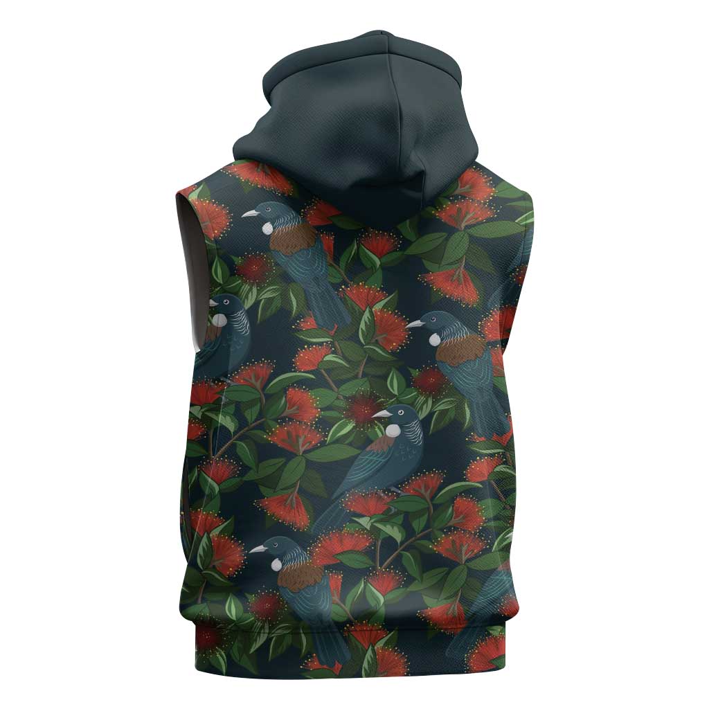 New Zealand Christmas Sleeveless Hoodie Romantic Tui Birds on Pohutukawa - Cobalt LT7 - Polynesian Pride