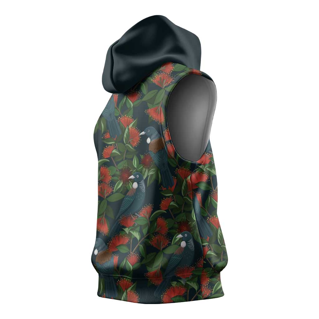 New Zealand Christmas Sleeveless Hoodie Romantic Tui Birds on Pohutukawa - Cobalt LT7 - Polynesian Pride
