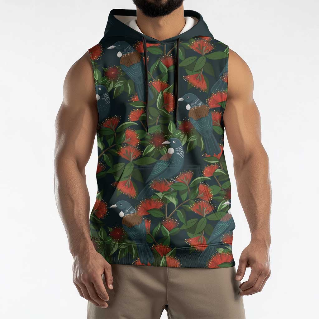 New Zealand Christmas Sleeveless Hoodie Romantic Tui Birds on Pohutukawa - Cobalt LT7 - Polynesian Pride