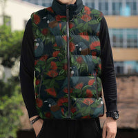New Zealand Christmas Sleeveless Puffer Jacket Romantic Tui Birds on Pohutukawa - Cobalt - Polynesian Pride