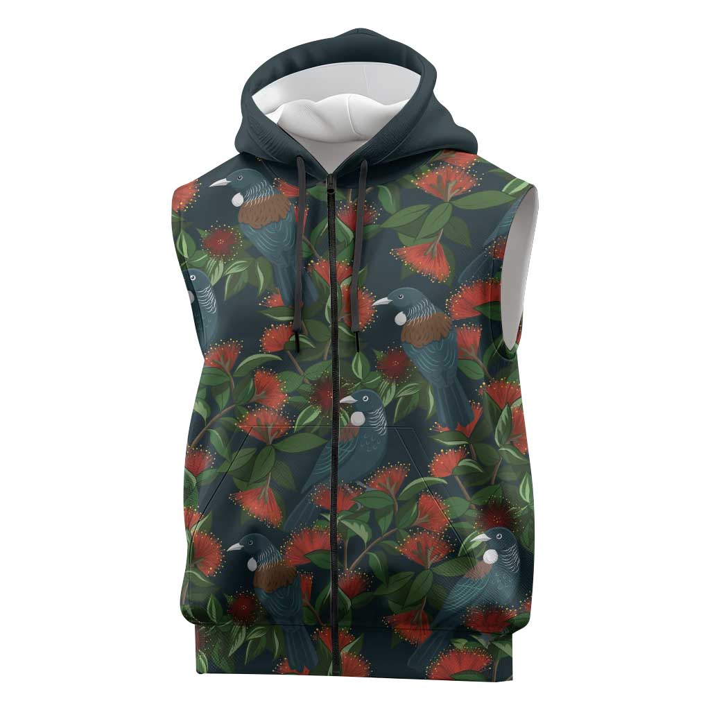 New Zealand Christmas Sleeveless Zip Hoodie Romantic Tui Birds on Pohutukawa - Cobalt LT7 Cobalt - Polynesian Pride