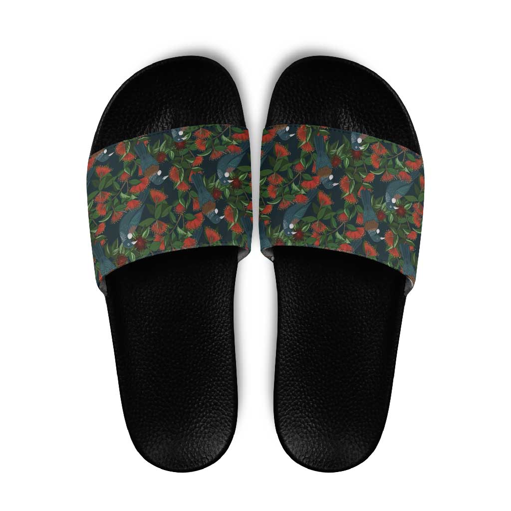 New Zealand Christmas Slide Sandals Romantic Tui Birds on Pohutukawa - Cobalt LT7 Cobalt - Polynesian Pride