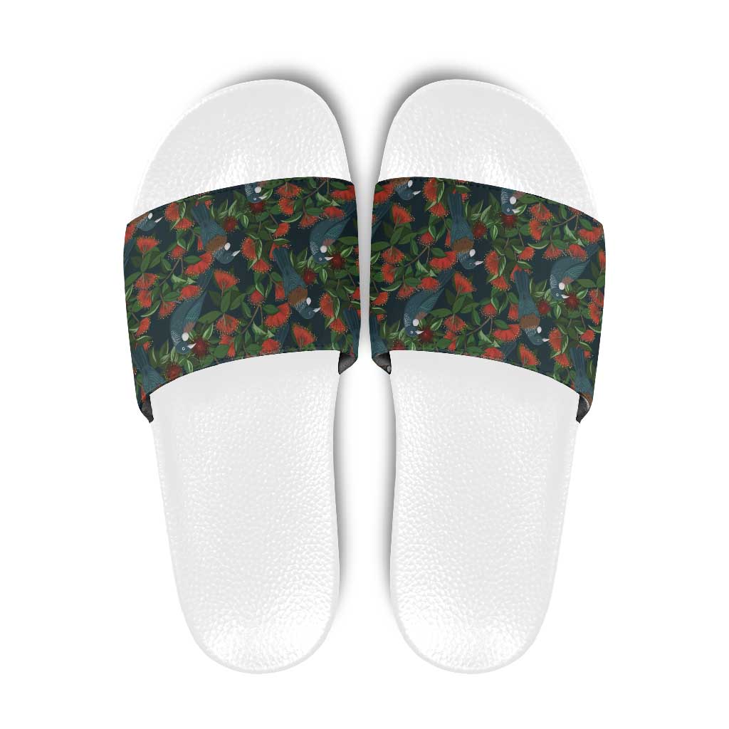 New Zealand Christmas Slide Sandals Romantic Tui Birds on Pohutukawa - Cobalt LT7 Cobalt - Polynesian Pride