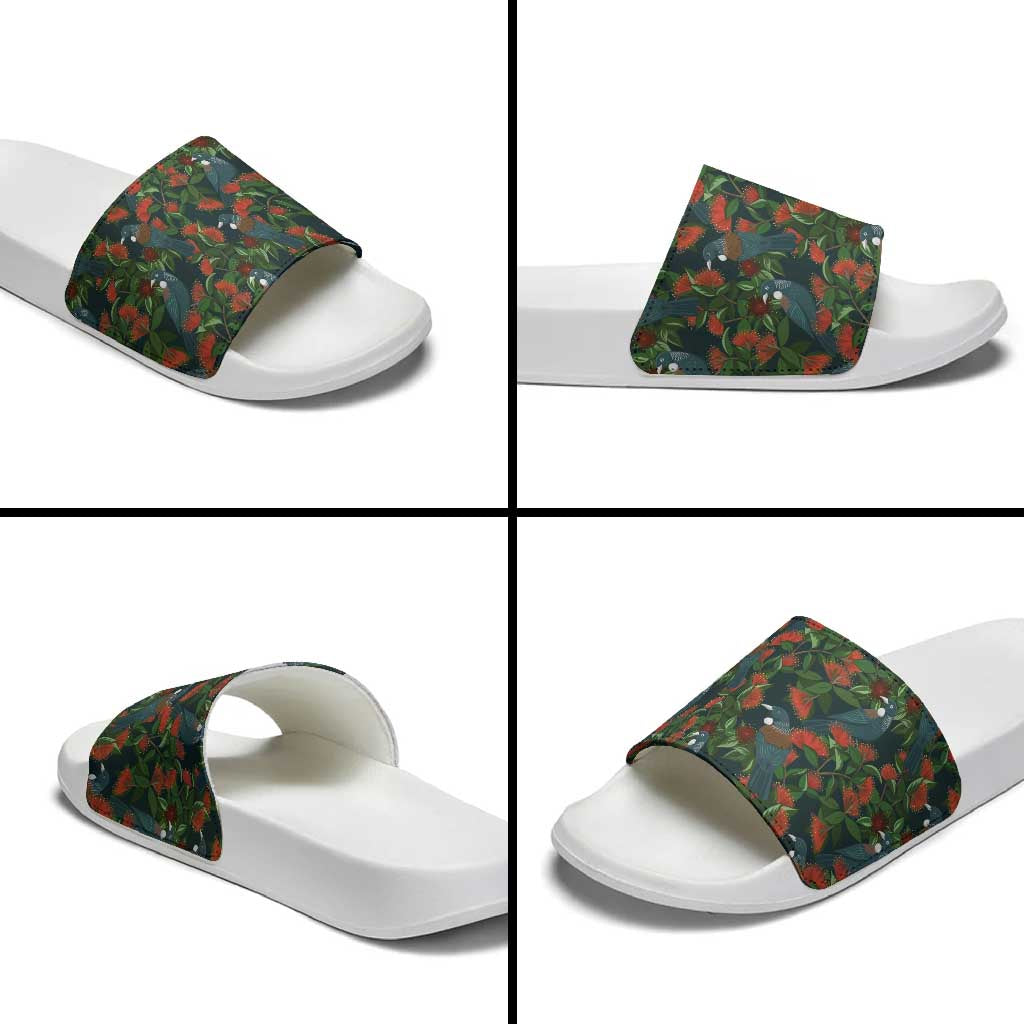 New Zealand Christmas Slide Sandals Romantic Tui Birds on Pohutukawa - Cobalt LT7 - Polynesian Pride