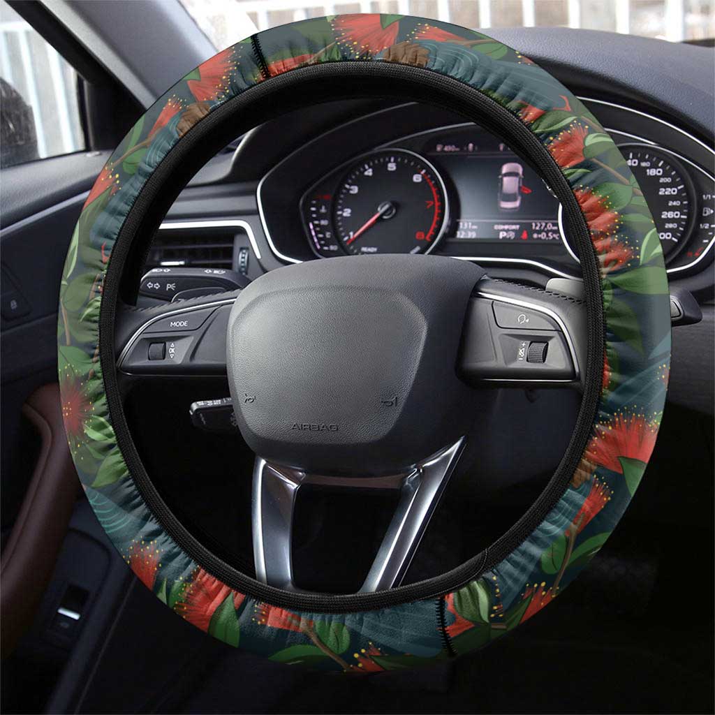 New Zealand Christmas Steering Wheel Cover Romantic Tui Birds on Pohutukawa - Cobalt LT7 - Polynesian Pride