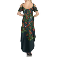 New Zealand Christmas Summer Maxi Dress Romantic Tui Birds on Pohutukawa - Cobalt LT7 - Polynesian Pride
