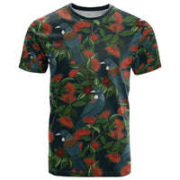 New Zealand Christmas T Shirt Romantic Tui Birds on Pohutukawa - Cobalt LT7 Cobalt - Polynesian Pride