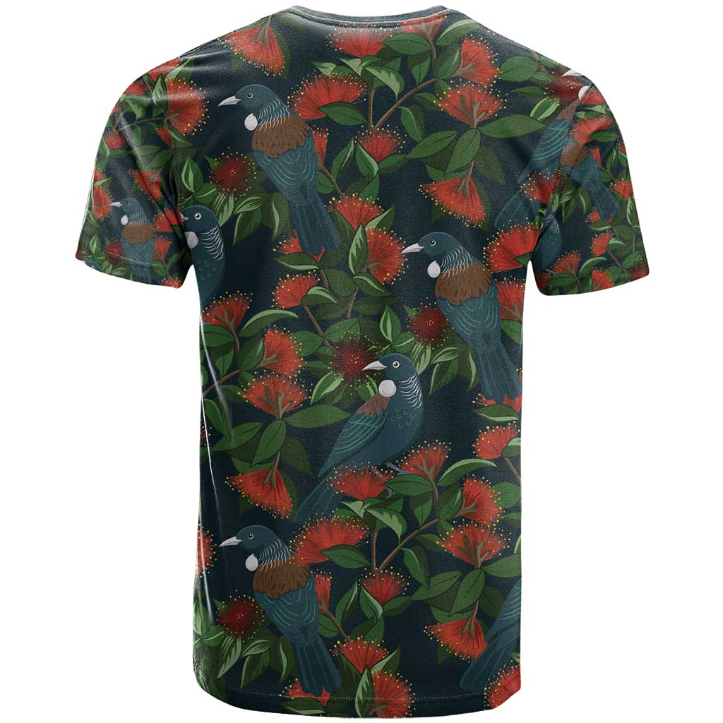 New Zealand Christmas T Shirt Romantic Tui Birds on Pohutukawa - Cobalt LT7 - Polynesian Pride
