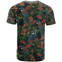 New Zealand Christmas T Shirt Romantic Tui Birds on Pohutukawa - Cobalt LT7 - Polynesian Pride