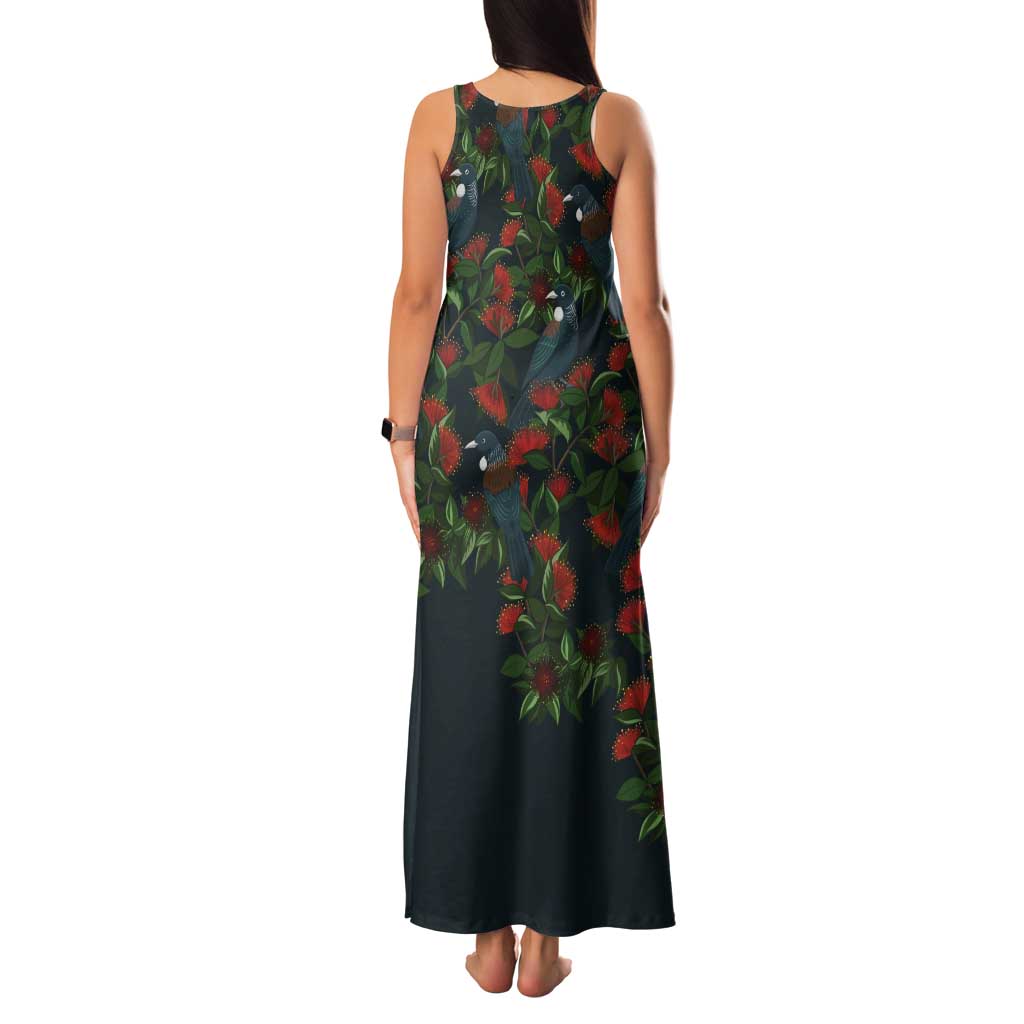 New Zealand Christmas Tank Maxi Dress Romantic Tui Birds on Pohutukawa - Cobalt LT7 - Polynesian Pride