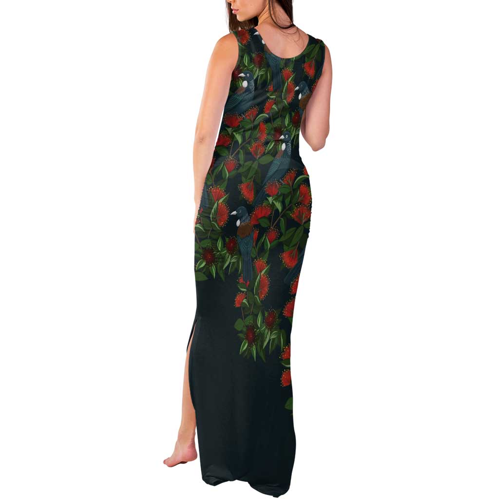 New Zealand Christmas Tank Maxi Dress Romantic Tui Birds on Pohutukawa - Cobalt LT7 - Polynesian Pride