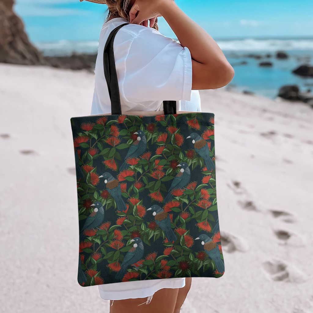 New Zealand Christmas Tote Bag Romantic Tui Birds on Pohutukawa - Cobalt LT7 - Polynesian Pride