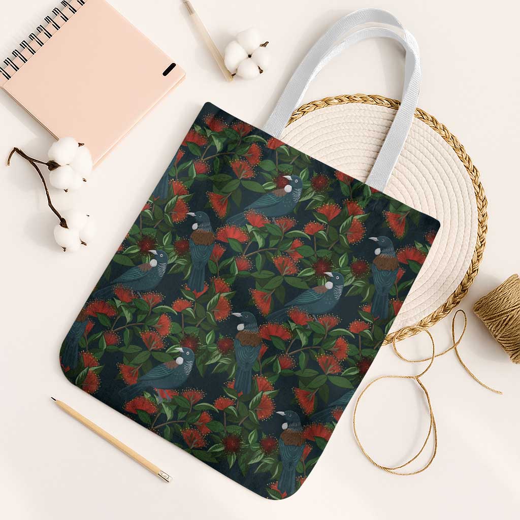 New Zealand Christmas Tote Bag Romantic Tui Birds on Pohutukawa - Cobalt LT7 White Strap One Size Cobalt - Polynesian Pride