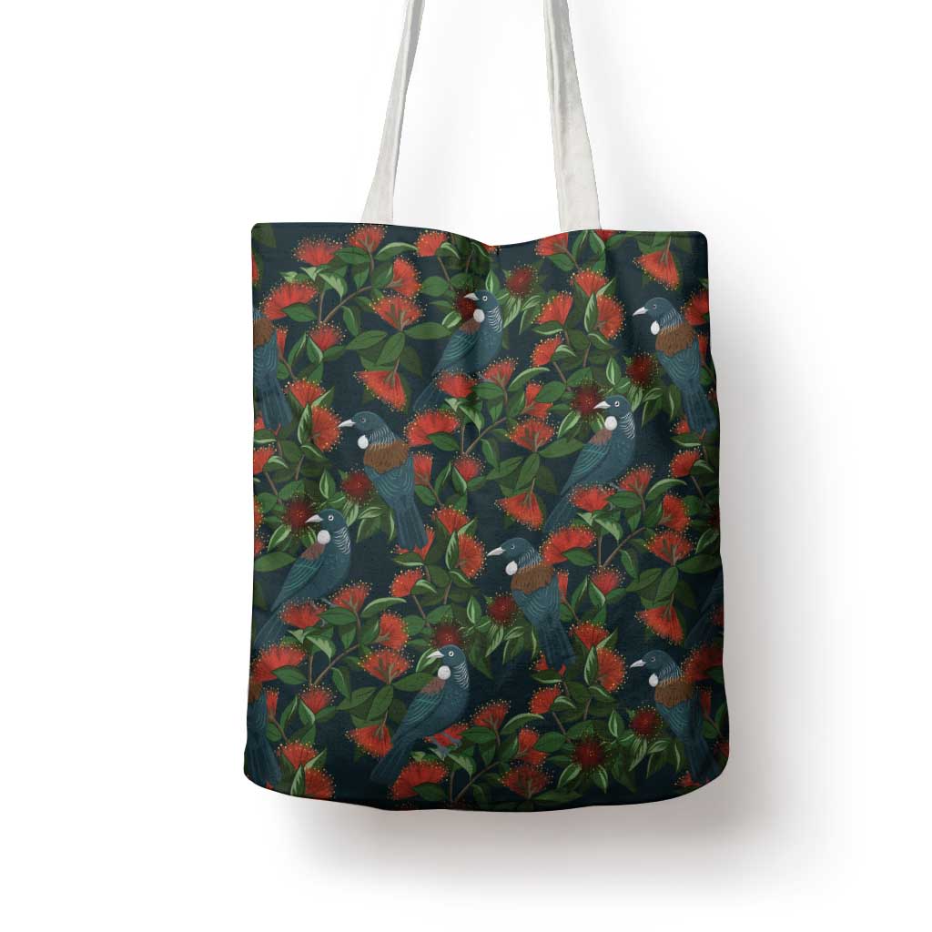 New Zealand Christmas Tote Bag Romantic Tui Birds on Pohutukawa - Cobalt LT7 - Polynesian Pride