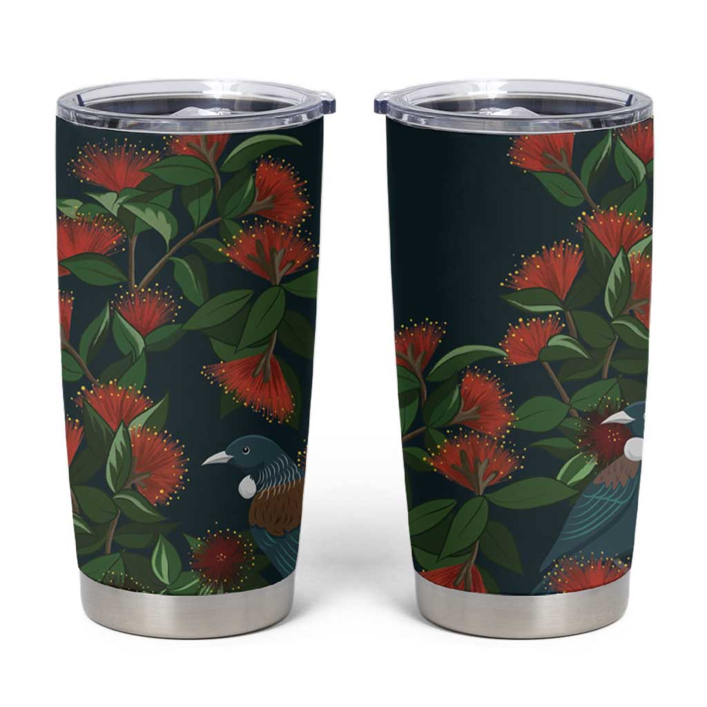 New Zealand Christmas Tumbler Cup Romantic Tui Birds on Pohutukawa - Cobalt LT7 Cobalt - Polynesian Pride