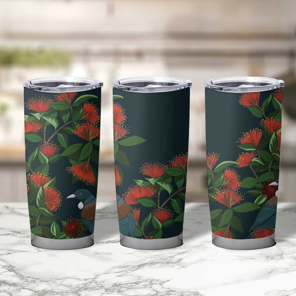 New Zealand Christmas Tumbler Cup Romantic Tui Birds on Pohutukawa - Cobalt LT7 - Polynesian Pride