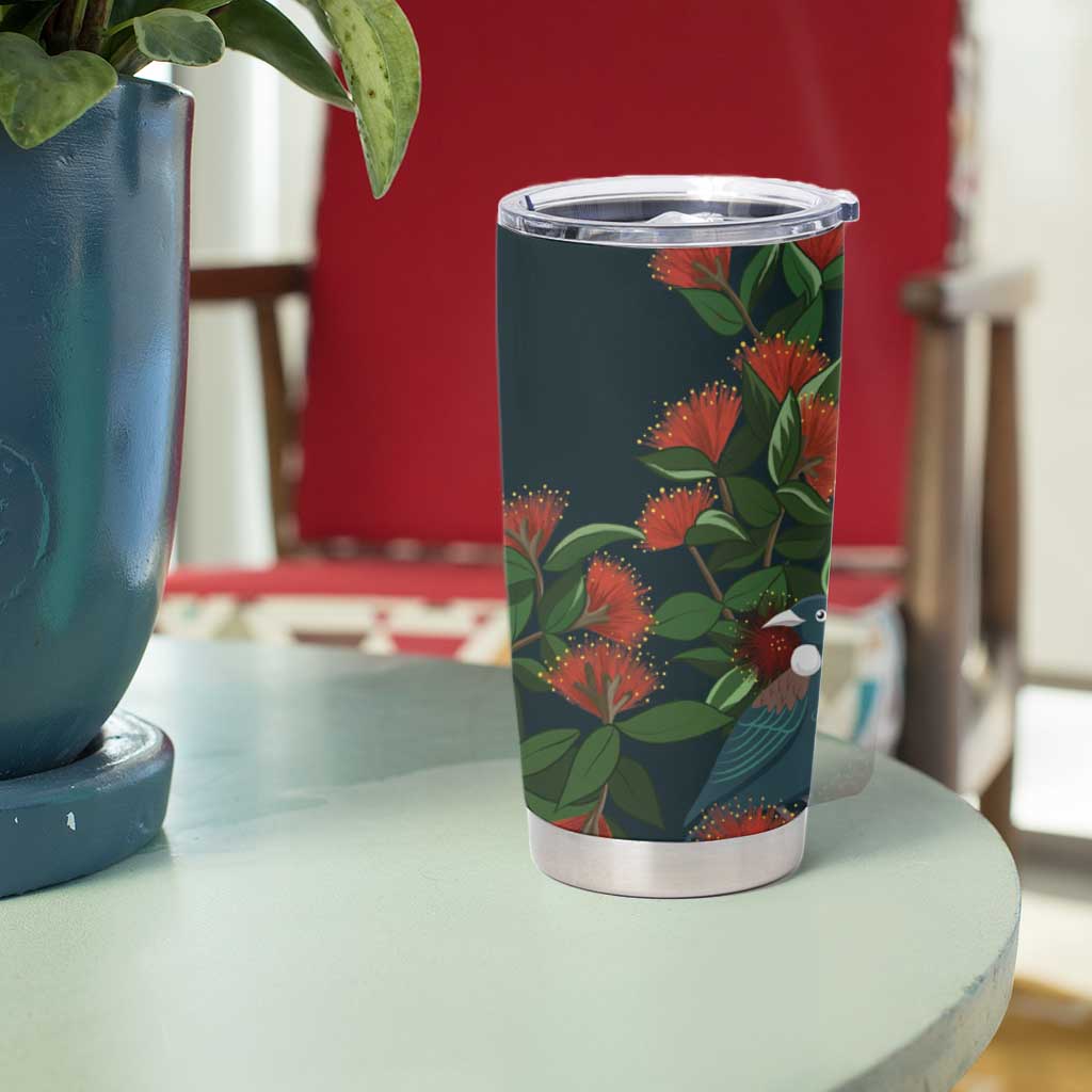New Zealand Christmas Tumbler Cup Romantic Tui Birds on Pohutukawa - Cobalt LT7 - Polynesian Pride