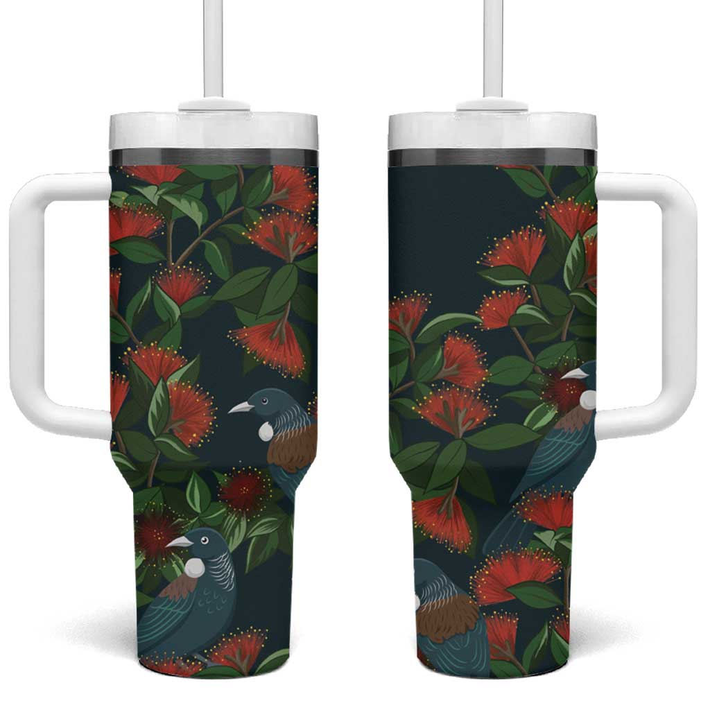 New Zealand Christmas Tumbler With Handle Romantic Tui Birds on Pohutukawa - Cobalt LT7 One Size: 40 oz Cobalt - Polynesian Pride