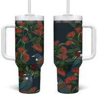 New Zealand Christmas Tumbler With Handle Romantic Tui Birds on Pohutukawa - Cobalt LT7 One Size: 40 oz Cobalt - Polynesian Pride