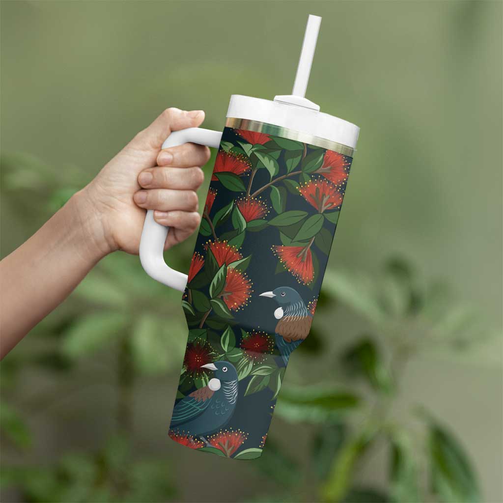 New Zealand Christmas Tumbler With Handle Romantic Tui Birds on Pohutukawa - Cobalt LT7 - Polynesian Pride