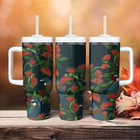 New Zealand Christmas Tumbler With Handle Romantic Tui Birds on Pohutukawa - Cobalt LT7 - Polynesian Pride