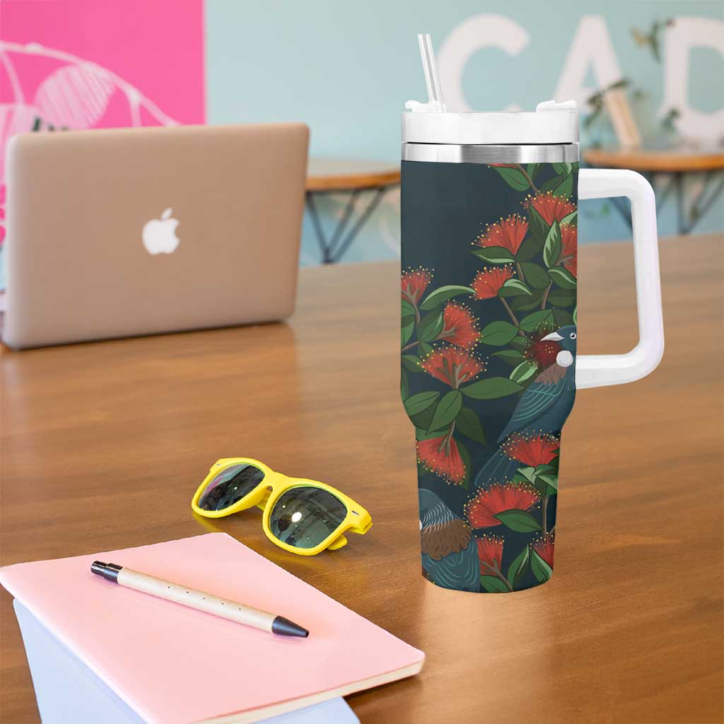 New Zealand Christmas Tumbler With Handle Romantic Tui Birds on Pohutukawa - Cobalt LT7 - Polynesian Pride