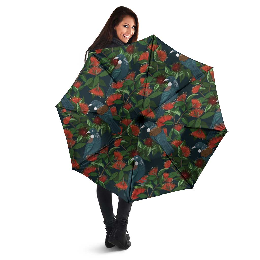 New Zealand Christmas Umbrella Romantic Tui Birds on Pohutukawa - Cobalt - Polynesian Pride