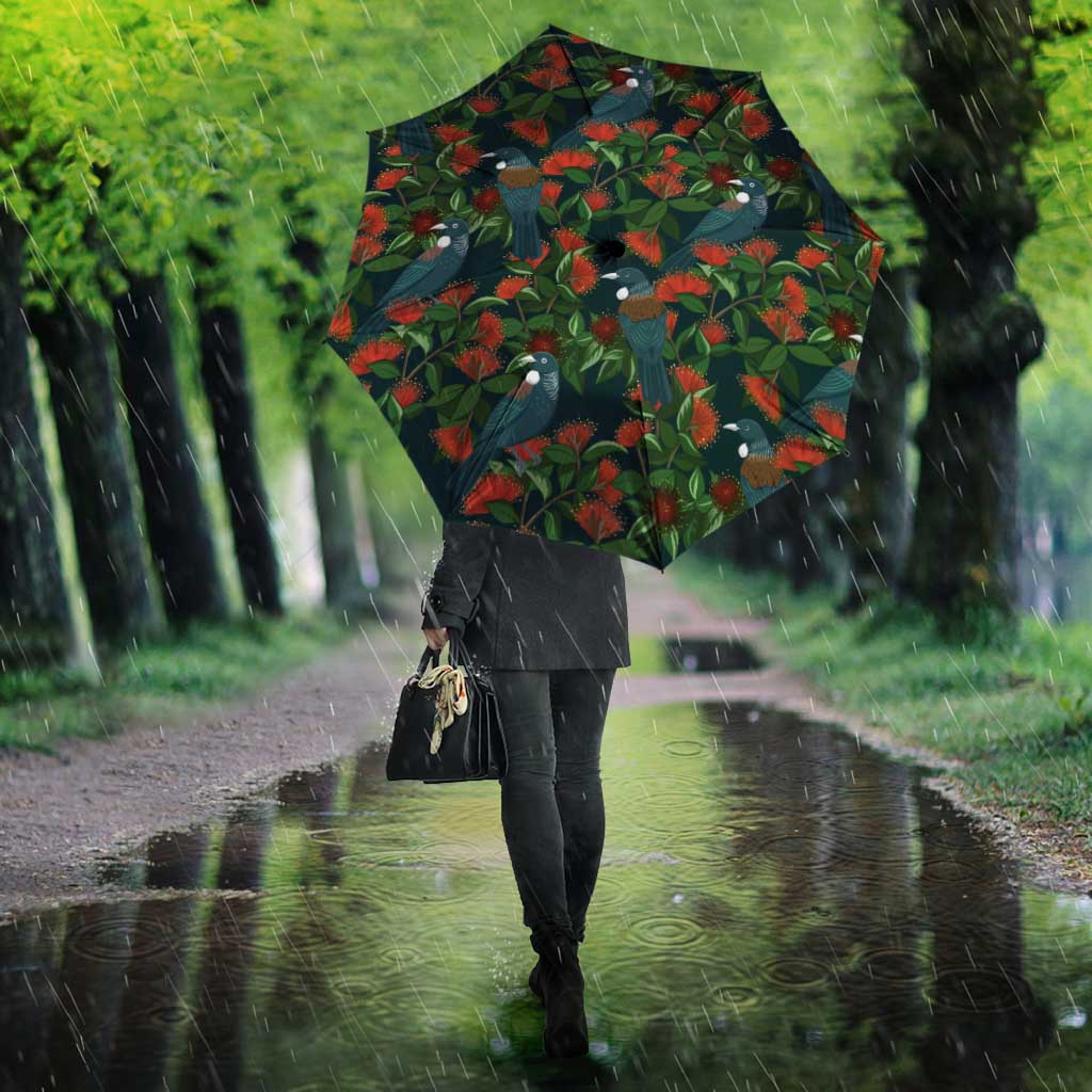 New Zealand Christmas Umbrella Romantic Tui Birds on Pohutukawa - Cobalt - Polynesian Pride
