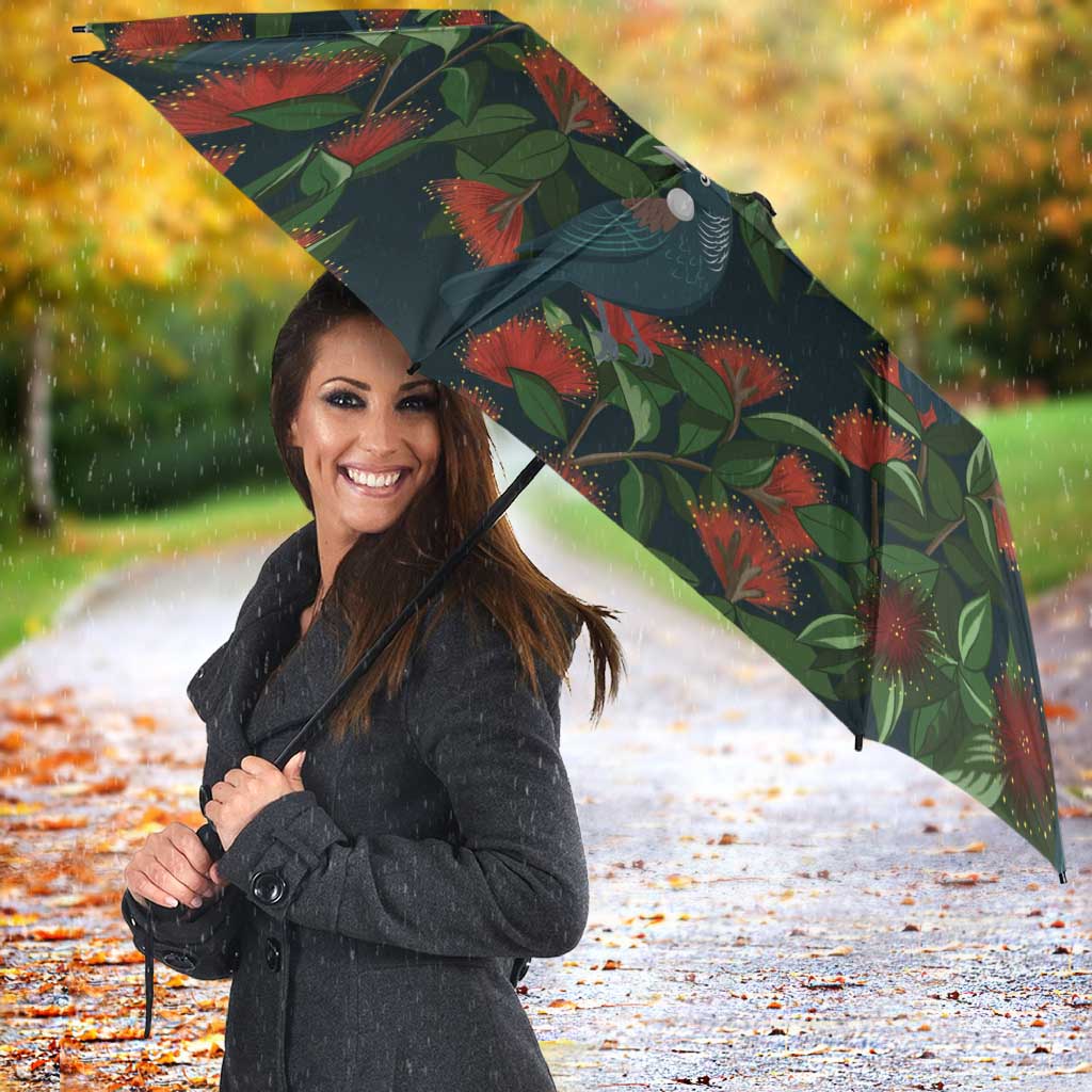 New Zealand Christmas Umbrella Romantic Tui Birds on Pohutukawa - Cobalt - Polynesian Pride