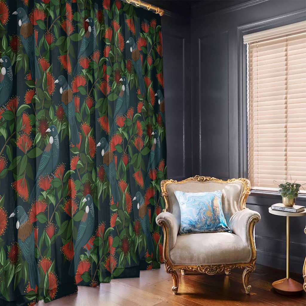 New Zealand Christmas Window Curtain Romantic Tui Birds on Pohutukawa - Cobalt - Polynesian Pride